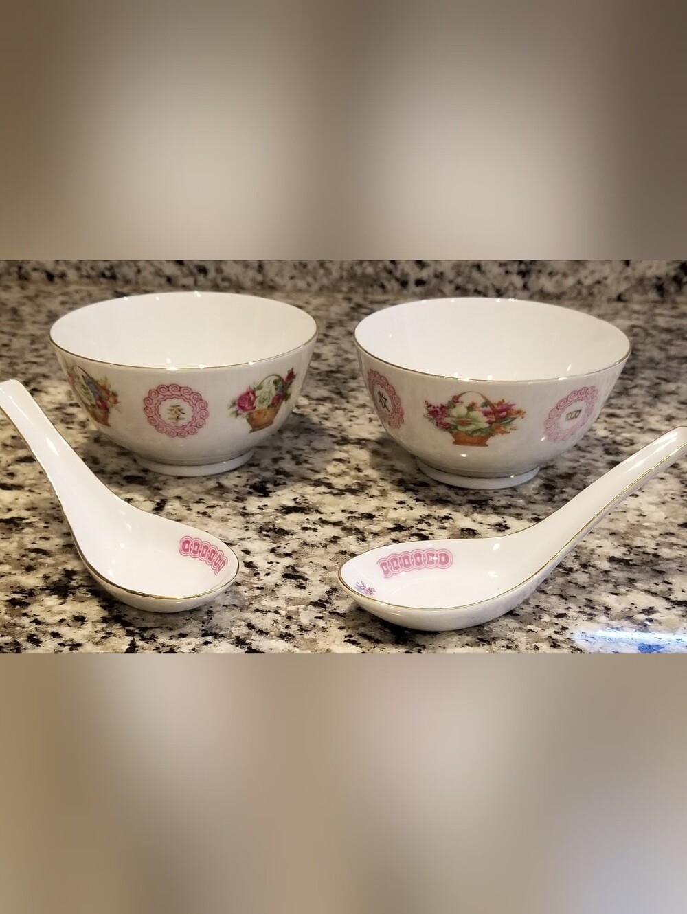 Set Of 2 Vintage Porcelain Rice Bowls With Spoons Floral with Gold Trim MCM